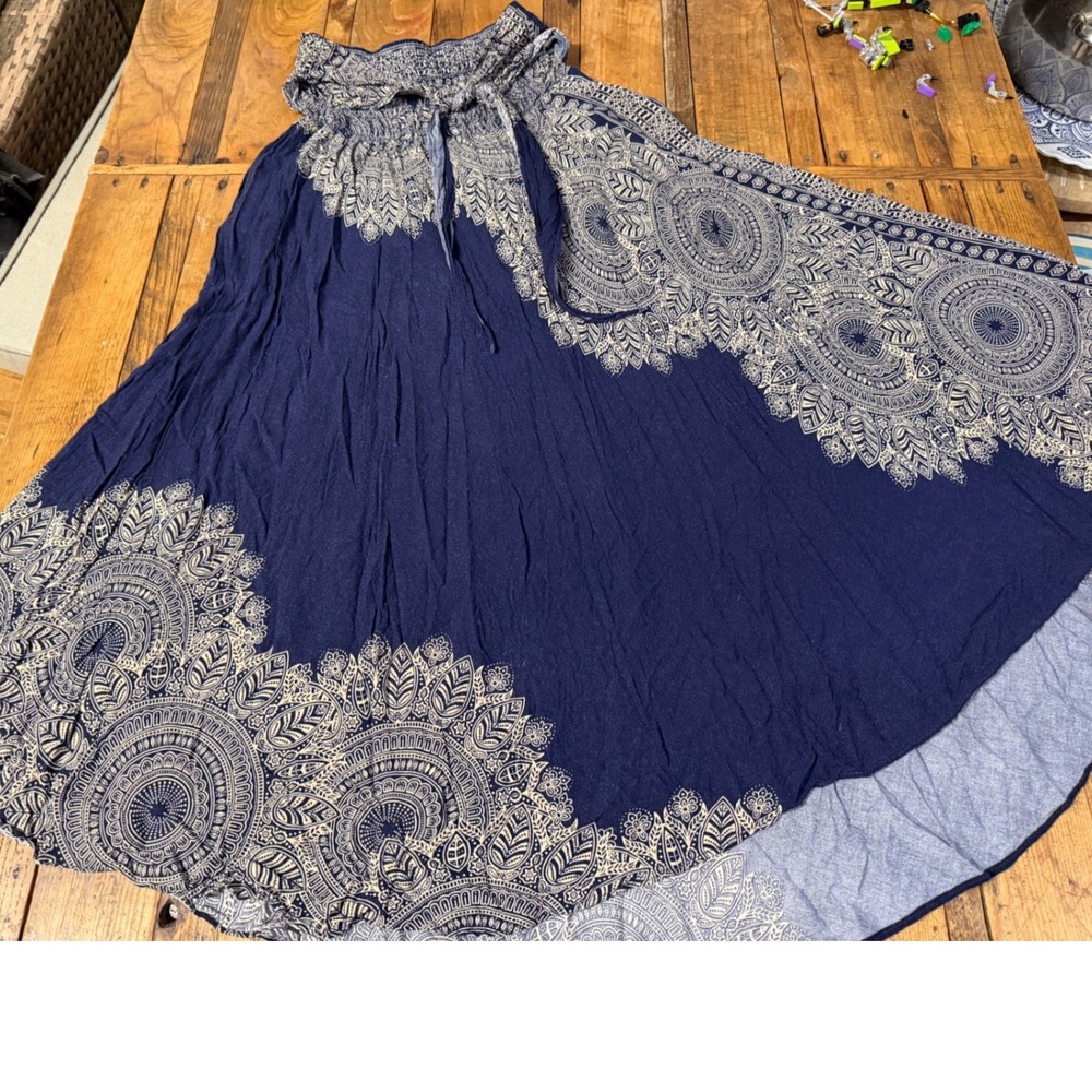 Boho Skirt Womens One Size Blue Mandala Wide Flare Festival Lounge Bangkok